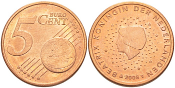 Нидерланды 5 евроцентов 2008 БЕАТРИКС KM 276 сталь плакированная медью 4543-234