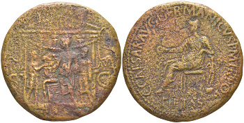 Римская Империя сестерций 37 Гай Калигула, Пиетата, персонификация Благочестия, C CAESAR AVG GERMANICVS P M TR POT PIETATS / сцена жертвоприношения, совершаемого императором в храме Божественного Августа, DIVO AVG S C, Рим RIC 35 бронза 1073-23-13