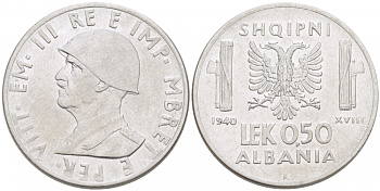 Албания 0,50 лека 1940 R, Итальянская оккупация KM 30 нержавеющая сталь 1516-1431