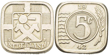 НИДЕРЛАНДЫ 5 ЦЕНТОВ 1942 РЕПЛИКА, РАЗМЕР 20 Х20 ММ. белый металл 217-357
