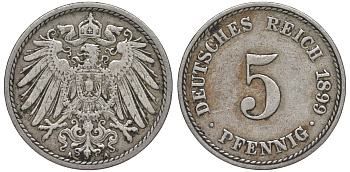 ГЕРМАНИЯ 5 ПФЕННИГОВ 1899 A, KM 11, J. 12 медно-никель 45-1115
