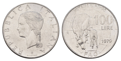 Италия 100 лир 1979 R, FAO, корова с теленком KM 106 нержавеющая сталь 4119-554