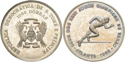 Сан-Томе и Принсипи 1000 добра 1996 XXVI Олимпийские игры 1996 года в Атланте, бег KM 59 медно-никель PROOF 00-00