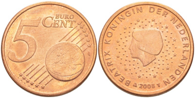 Нидерланды 5 евроцентов 2008 БЕАТРИКС KM 276 сталь плакированная медью 4543-234