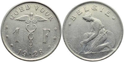 БЕЛЬГИЯ 1 ФРАНК 1928 BELGIE KM 90 никель 23-736