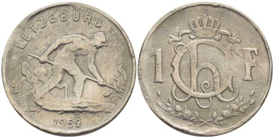 ЛЮКСЕМБУРГ 1 ФРАНК 1952 СТАЛЕВАР KM 46.2 медно-никель 4402-235