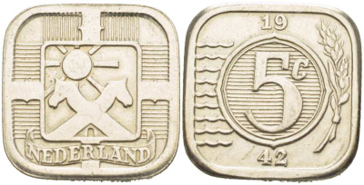 НИДЕРЛАНДЫ 5 ЦЕНТОВ 1942 РЕПЛИКА, РАЗМЕР 20 Х20 ММ. белый металл 217-357
