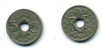 ФРАНЦИЯ 5 САНТИМОВ 1924 tb, ТИП ЛИНДАЙЁ, МОНЕТНЫЙ ДВОР ПУАССИ, МОЛНИЯ KM 875 медно-никель 84-316