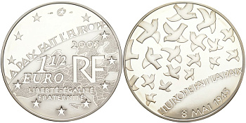 Франция 1 1/2 евро 2005 60 лет мира в Европе, голуби мира КМ 1441 серебро PROOF 01-345-42