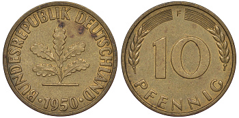 ФРГ 10 пфеннигов 1950 F KM 108, J 383 сталь плакированная латунью 25-1742