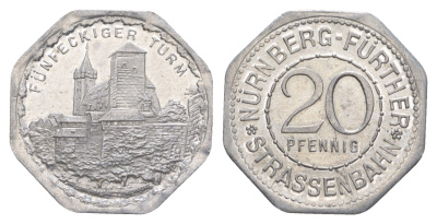 Нюрнберг трамвайный (транспортный) жетон в 20 пфеннигов ND (1920-1921) пятиугольная башня Men05 19256.12, Men18 24102.12 алюминий UNC 4638-247