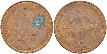 ФРАНЦИЯ 5 САНТИМОВ 1912 ТИП ДАНИЭЛЬ ДЮПЮИ KM 842, LE FRANC 119.24 бронза 108-933