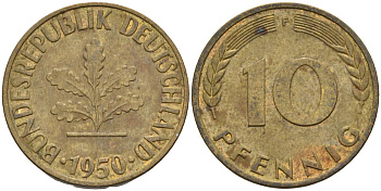 ФРГ 10 пфеннигов 1950 F KM 108 сталь плакированная латунью 4126-527