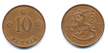 Финляндия 10 пенни 1929 республика (1918-1962) KM 24 медь 46-1651