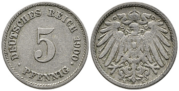 ГЕРМАНИЯ 5 ПФЕННИГОВ 1900 E KM 11, J. 12 медно-никель 39-742