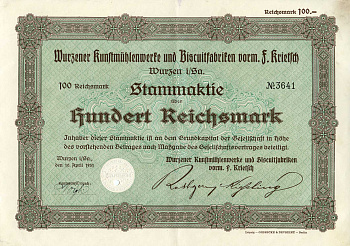 Германия 100 рейхсмарок 1931 Художественные фабрики Вюрцена и бисквитные фабрики, в частности, им. Ф. Критча, им. Вюрцена и др., зеленая, акция   бумага   8803-159-1