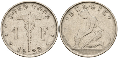 Бельгия 1 франк 1922 Belgie KM 90 никель    4161-1153