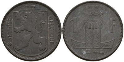 Бельгия 1 франк 1946 Belgie - Belgique, Леопольд III (1934-1947), германская оккупация, Вторая мировая война KM 128 цинк 4161-624