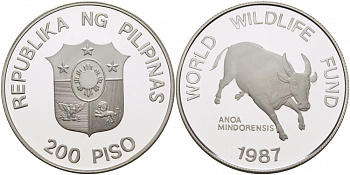 Филиппины 200 писо 1987 серия 25 лет окружающей среды, буйвол тамарау KM 248 серебро PROOF 01-146-21
