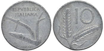 Италия 10 лир 1952 R, плуг, колосья KM 93 алюминий 4122-114