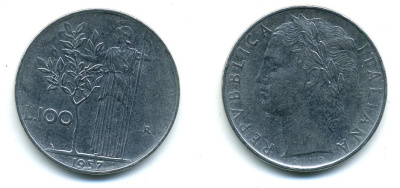 ИТАЛИЯ 100 ЛИР 1957 R, АФИНА KM 96.1 нержавеющая сталь 54-1254