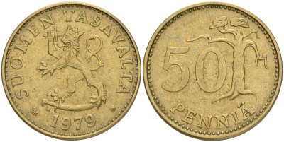 ФИНЛЯНДИЯ 50 ПЕННИ 1979 K KM 48 алюминиевая бронза 4556-216