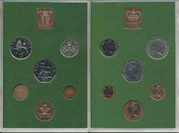 Великобритания официальный набор из 6 монет + жетон монетного двора 1975 в оригинальной пластиковой упаковке KM PS 31  1-5-3-23