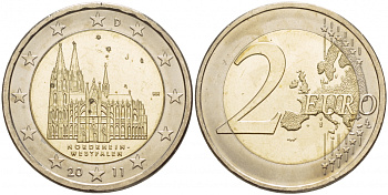 ФРГ 2 евро 2011 J, серия федеральные земли, Северный Рейн-Вестфалия, Кельнский собор KM 293 биметалл UNC 1094-6-73