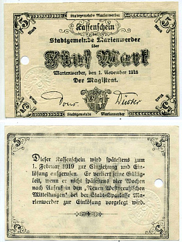 МАРИЕНВЕРДЕР 5 марок 1918 1 ноября 1918 - 1 февраля 1919, , нотгельд, земля БрандЕНБУРГ Geiger 350.01 бумага 2193-28-1-1