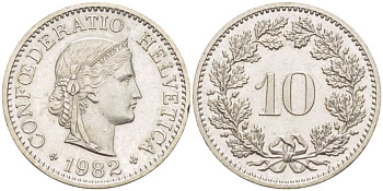 Швейцария 10 раппенов 1982 KM 27 медно-никель 4396-1546
