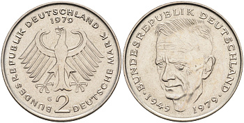 ФРГ 2 марки 1979 G, Курт Шумахер J.424  KM 149 медно-никель плакированный никелем 4592-1252