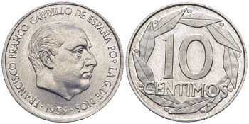 Испания 10 сентимо 1959 Франсиско Франко (1939-1975) KM 790 алюминий UNC 116-1042