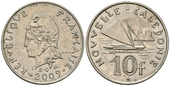 Французская Новая Каледония 10 франков 2009 рыбачья парусная лодка, (IEOM) KM 11a, Schoen 13a, Lec 99k медно-никель 62-645