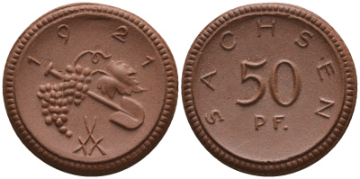 Саксония 50 пфеннигов 1921 виноград и лопата J. N 54 фарфор UNC 1094-8-33