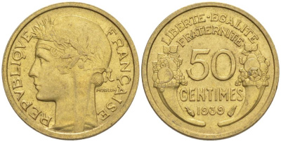 ФРАНЦИЯ 50 САНТИМОВ 1939 ТИП MORLON KM 894.1, LE FRANC 192.15 алюминиевая бронза 44-823