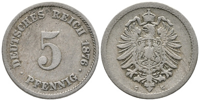 ГЕРМАНИЯ 5 ПФЕННИГОВ 1876 G, СТАРОГЕРБОВКА KM 3, J. 3 медно-никель 39-413