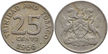 Тринидад и Тобаго 25 центов 1966 герб KM 4 медно-никель 4396-651