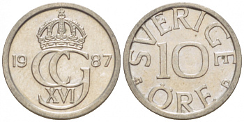 Швеция 10 эре 1987 D, Карл XVI Густав (1973- ) КМ 850 медно-никель 3955-356