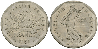 Франция 2 франка 1981 сеятель KM 942.1, Le Franc 272.3 никель 4120-1242