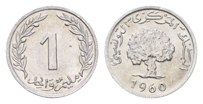 Тунис 1 миллим 1960 год-тип, пробковый дуб KM 280 алюминий UNC 4655-126