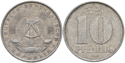 ГДР 10 пфеннигов 1968 A KM 10 алюминий 55-346