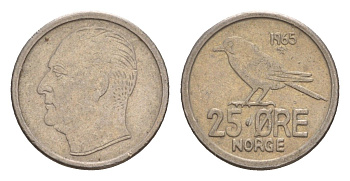 Норвегия 25 эре 1965 Улаф V (1958-1991), синица KM 407 медно-никель 4658-131