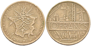 Франция 10 франков 1978 тип Матье KM 940, Le Franc 365.11-12 никель латунь 4577-511