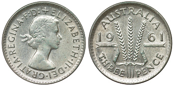 Австралия 3 пенса 1961 m, Елизавета II (1952-2022) KM 57 серебро 71-733