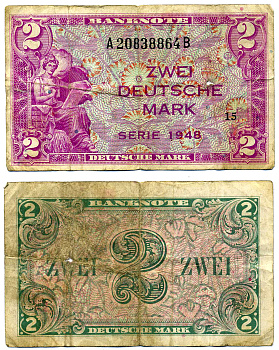 ФРГ 2 МАРКИ 1948 БЛОК 15, СЕРИЯ АВ, ВЫПУСК (20 МАЯ 1948 - 1 АПРЕЛЯ 1957) Pick 3а, Роземберг 234а бумага 7203-38-3-1