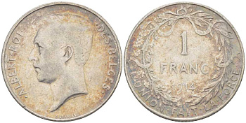 Бельгия 1 франк 1914 Альберт I (1909-1934), Des Belges KM 72 серебро 202-1127