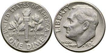 США 10 центов (дайм) 1974 D, Франклин Рузвельт KM 195а медь плакированная медно-никелем 54-814