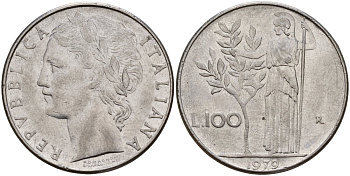 Италия 100 лир 1979 R, Афина у оливкого дерева KM 96.1 нержавеющая сталь 4149-1231