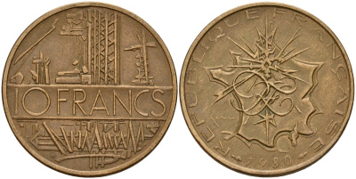 Франция 10 франков 1980 тип Матье KM 940, Le Franc 365.15-16 никель латунь 4179-231