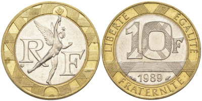 Франция 10 франков 1989 тип Гений Бастилии KM 964.1, Le Frank 375.3 биметалл 4519-233